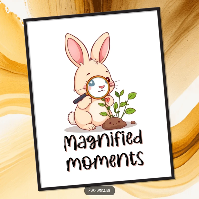 Funny Poster: Cute rabbit using a magnifying glass to study a plant, a humorous and detailed nature illustration.