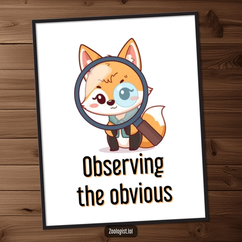 Funny Kawaii Fox Zoologist Poster: A charming fox scientist peeking through a magnifying glass, bringing funny vibes to decor.