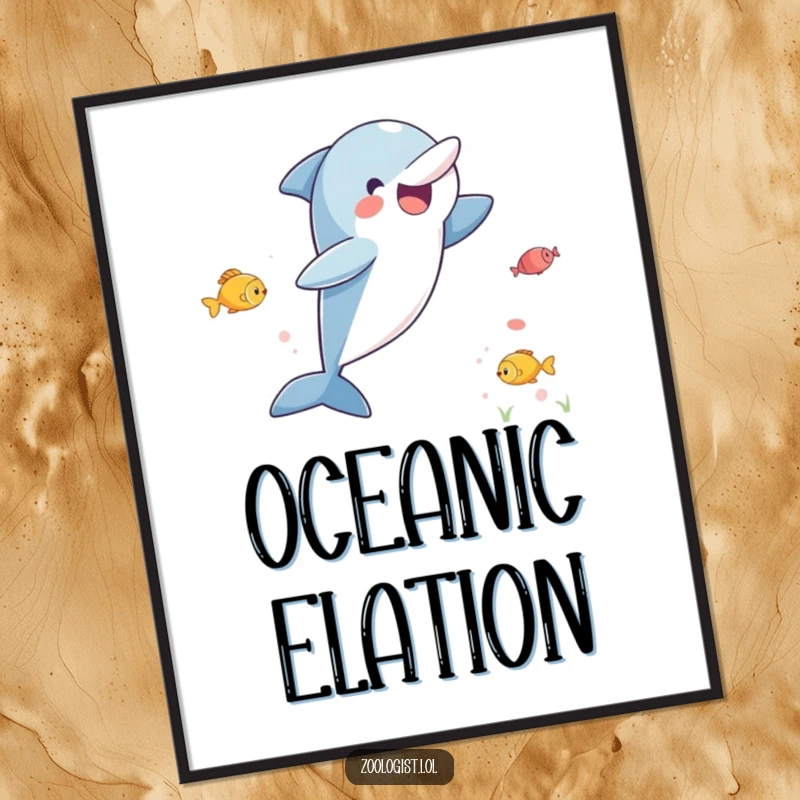 Funny poster art of an extremely excited dolphin captured mid-leap, enthusiastically observing a school of fish with pure delight.