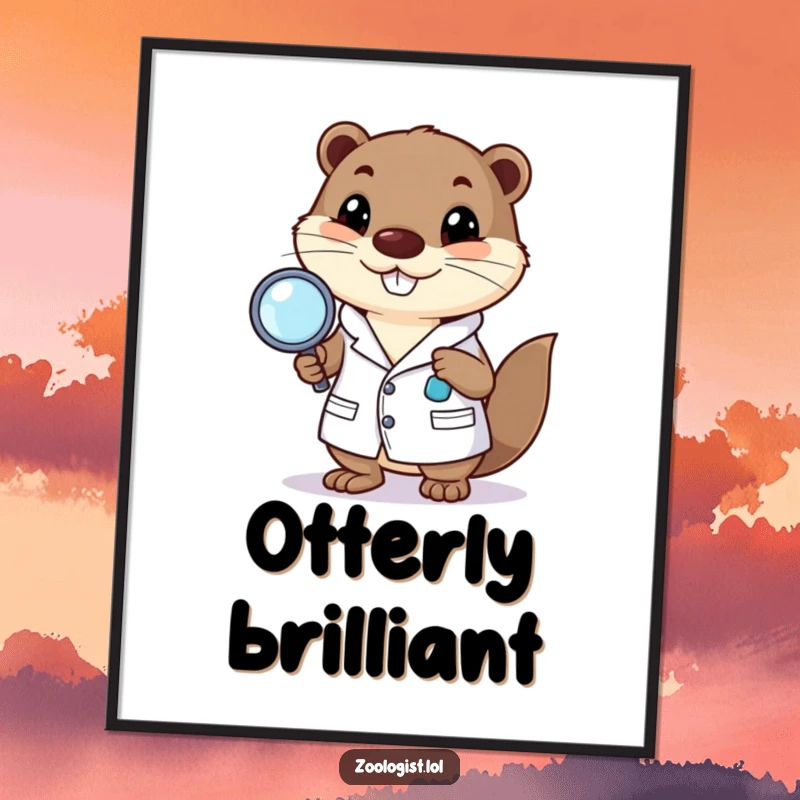 Funny poster featuring a happy otter character in a lab coat with a magnifying glass, humorous wall decor.
