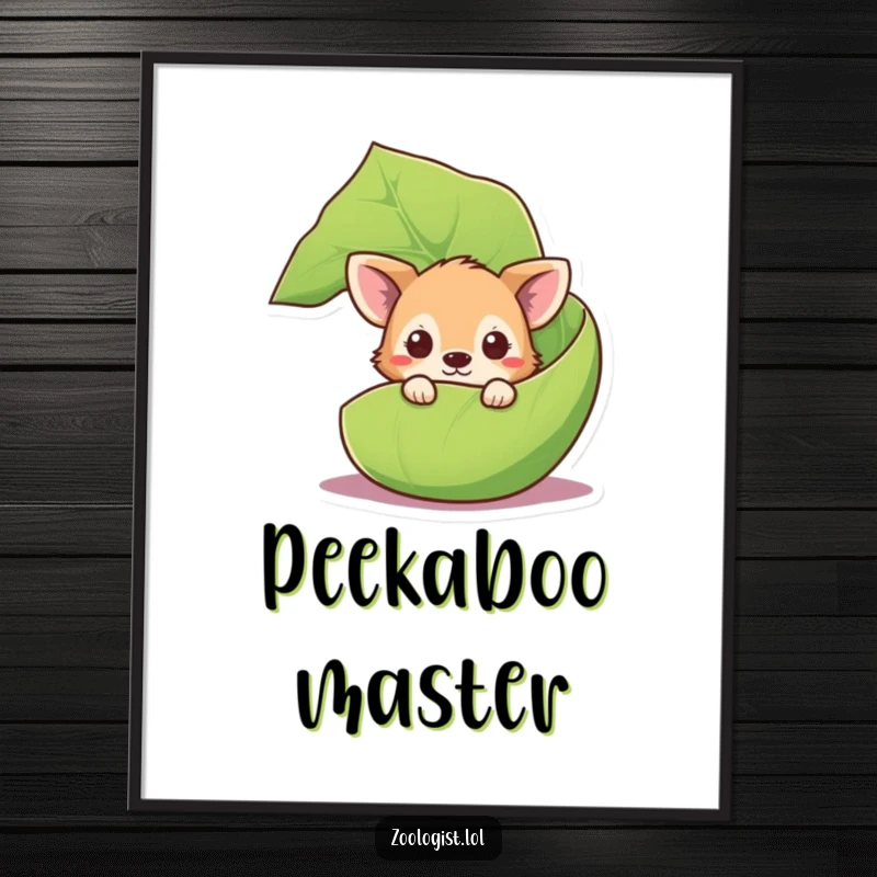 Funny curious animal poster featuring a cute creature peeking from behind a large leaf, perfect wall art for nature lovers.