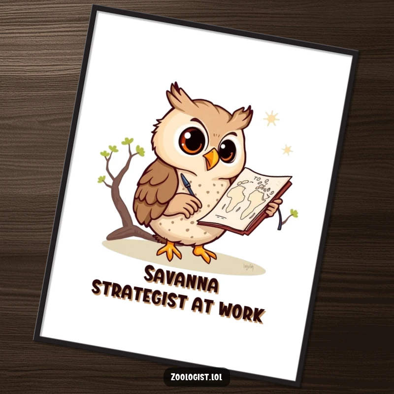 Funny owl poster, a cheerful owl artist creating a savanna map, detailed and whimsical, ideal for inspiring creative environments.