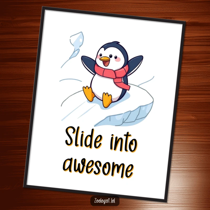 Funny cheerful penguin zoologist sliding down an icy slope, presented as a vibrant poster for whimsical decor and humorous gifts.