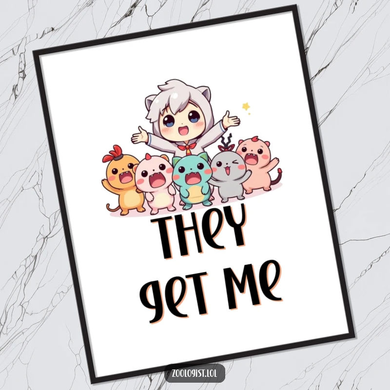 Funny poster of a character animatedly directing a joyful mob of ecstatic, imaginary creatures at a vibrant party scene.