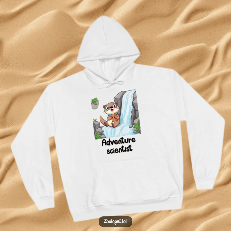 Funny Kawaii otter zoologist character sliding down a waterfall with a clipboard, a warm and humorous hoodie for adventurers.