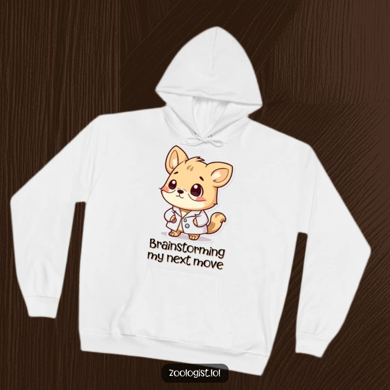 Funny hoodie featuring a cute animal in a lab coat, exuding thoughtful intelligence and a passion for discovery.