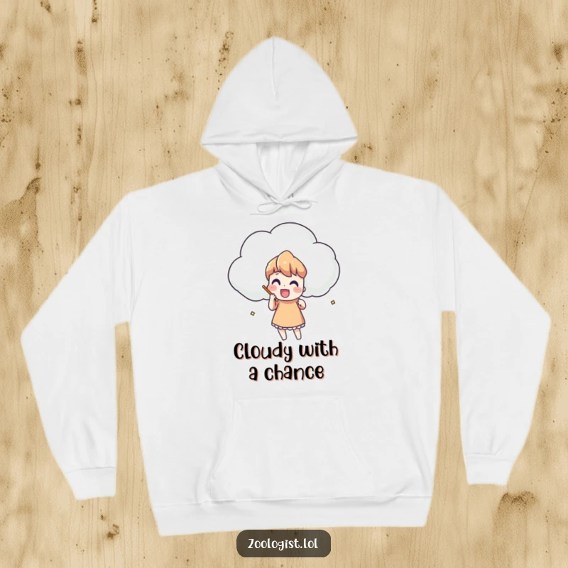 Funny hoodie featuring a character happily sketching a large, funny shaped cloud, ideal for cool weather creativity.