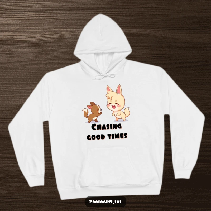 Funny hoodie featuring a character giggling while watching two animals playfully chase each other, perfect for comfort.