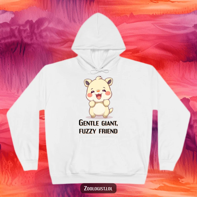 Funny hoodie illustrating a character's gentle hands soothing a lively, jumping creature, emphasizing a peaceful connection.