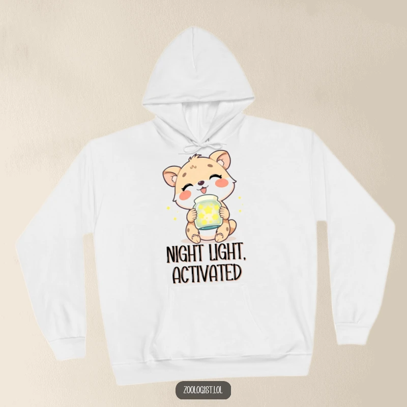 Funny cozy hoodie featuring a cute animal character with a wide, gleeful giggle holding a transparent jar of twinkling fireflies.