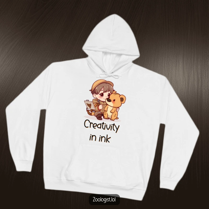 Funny character happily sketching an animal in a detailed field guide, featured on a soft and warm hoodie.