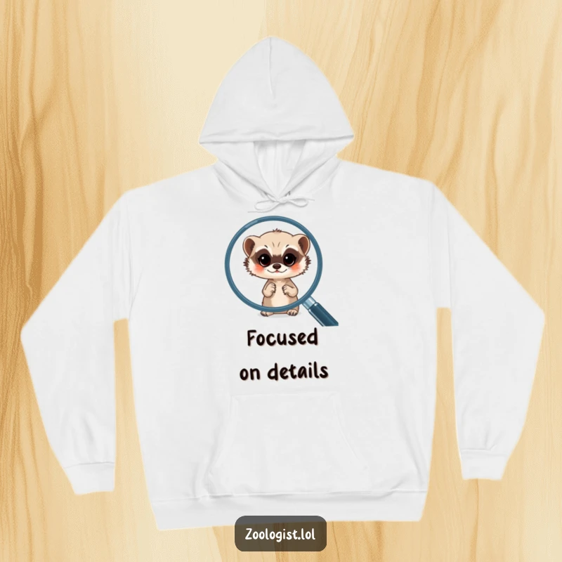 Funny meerkat hoodie featuring an alert meerkat peeking out from behind a large magnifying glass, ready for adventure.