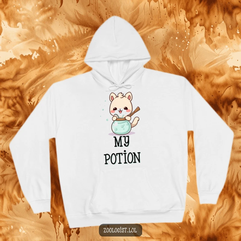 Funny Cute Animal Hoodie Happily Stirring a Bubbling Potion, Cozy and Mystical Apparel.