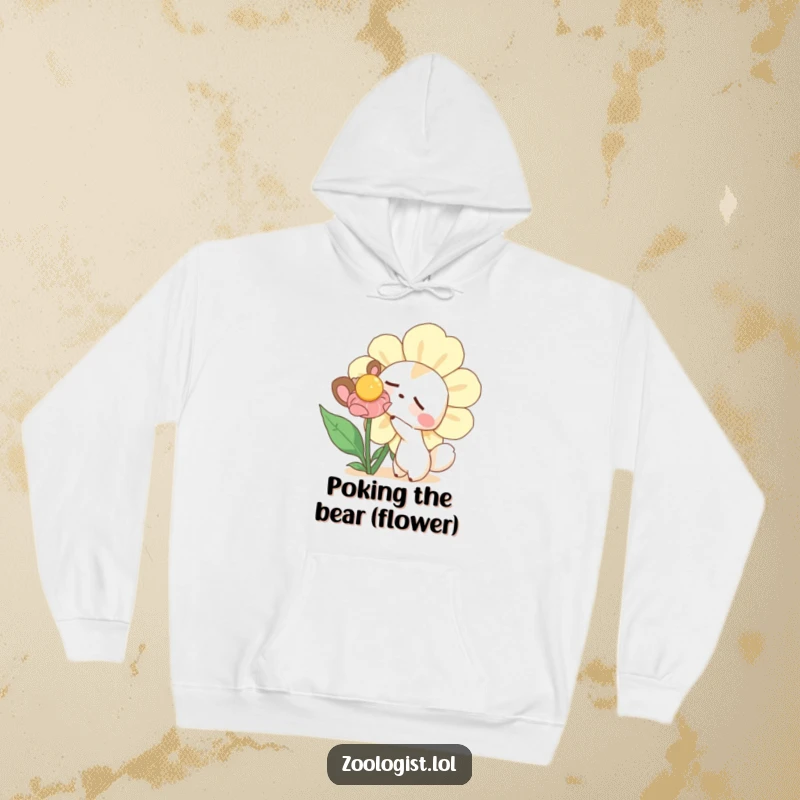 Funny hoodie depicting a curious animal gently poking a massive, sleepy flower, offering warmth and a touch of whimsical, gentle humor.