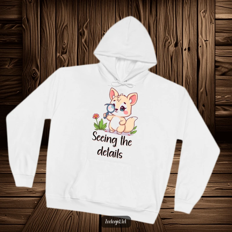 Funny hoodie depicting a cute animal character holding a magnifying glass, showing great pride while examining a colorful wildflower up close.