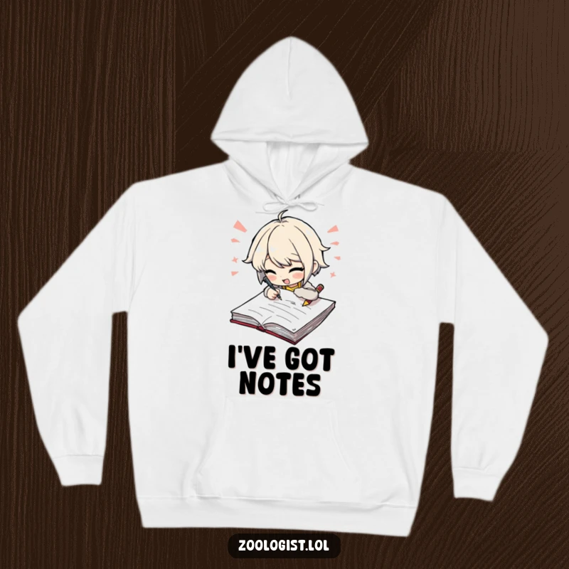 Funny hoodie featuring an excited character scribbling furiously in a large notebook, a perfect humorous gift for writers.