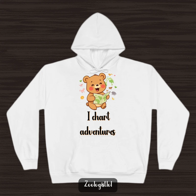 Funny hoodie with a joyful bear studying a map of animal habitats, ideal as a warm funny gift.