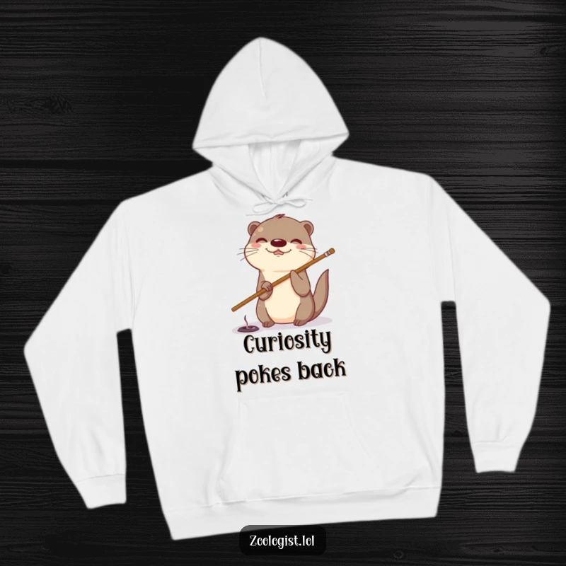 Funny otter hoodie showing a cheerful otter using a stick to poke a hole, radiating playful energy and humor.