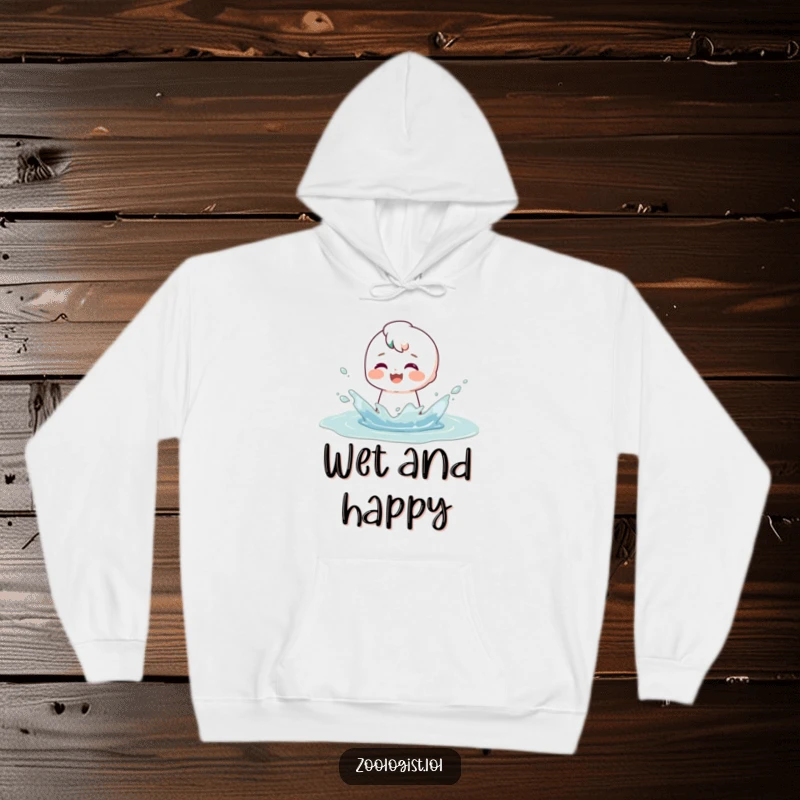 Funny hoodie showing a character making a big splash in a puddle, their expression one of utter satisfaction and playful bliss.