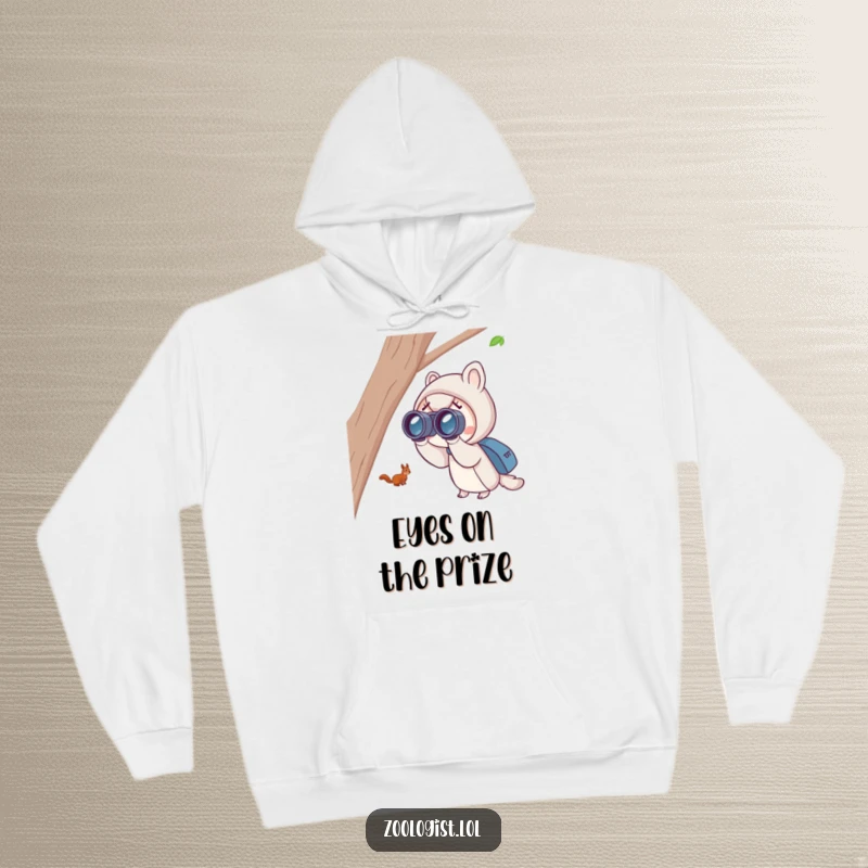 Funny squirrel spotting hoodie with a cute character using binoculars to excitedly watch a distant, playful squirrel.