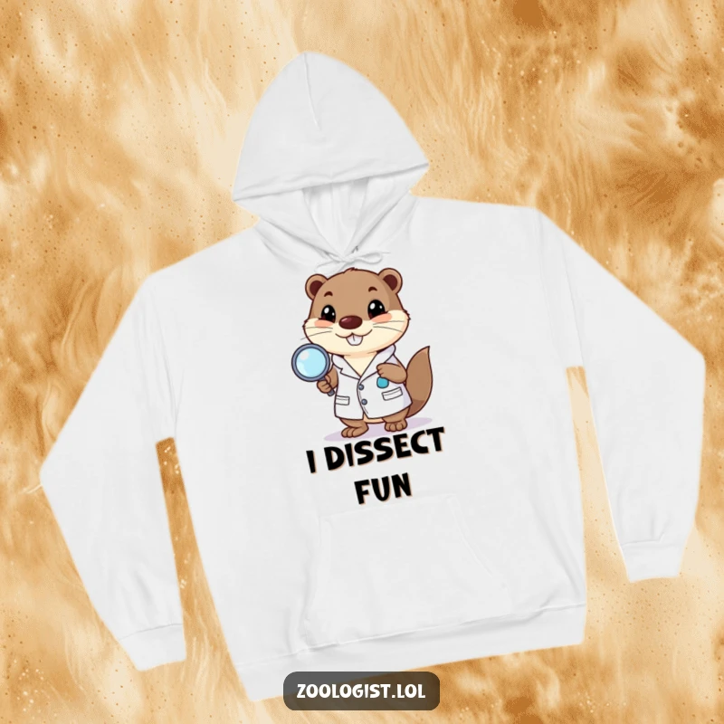 Funny hoodie with a happy otter in a lab coat holding a magnifying glass, ideal as a warm funny gift.