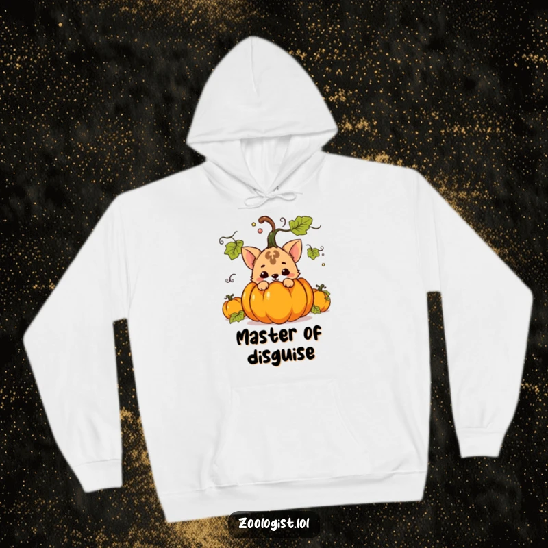 Funny hoodie with a mischievous animal character concealed behind a large potted plant, exuding playful secrecy and warmth.