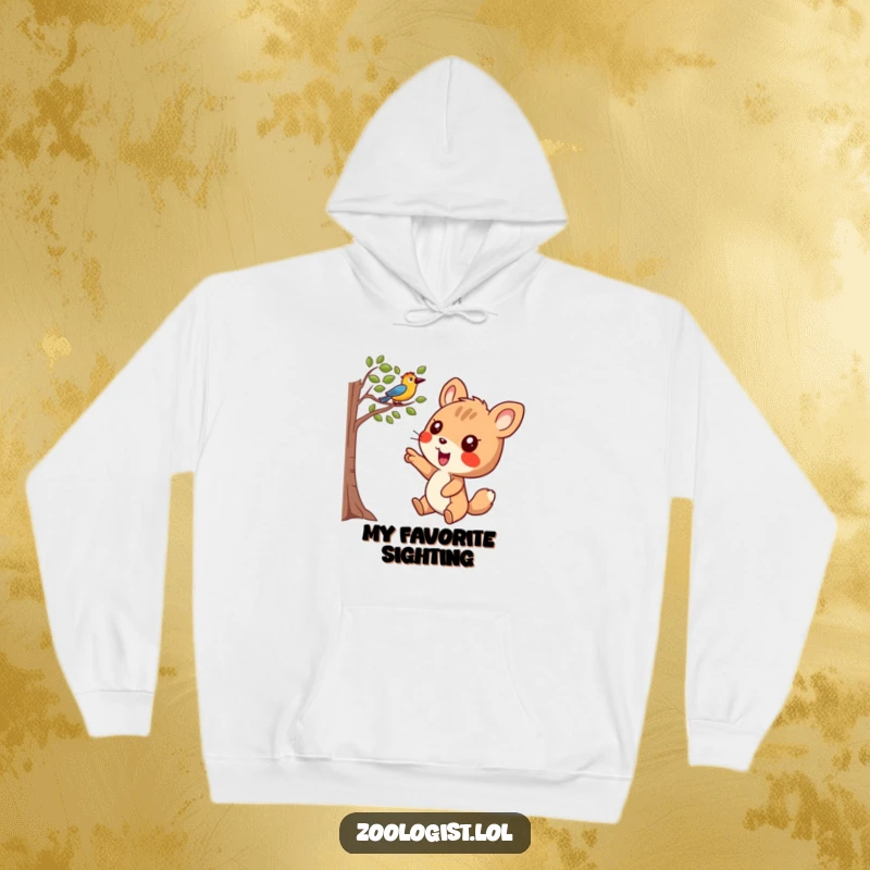 Funny Hoodie: Joyful animal character points energetically at a bird in a tree, showing a funny, happy moment.