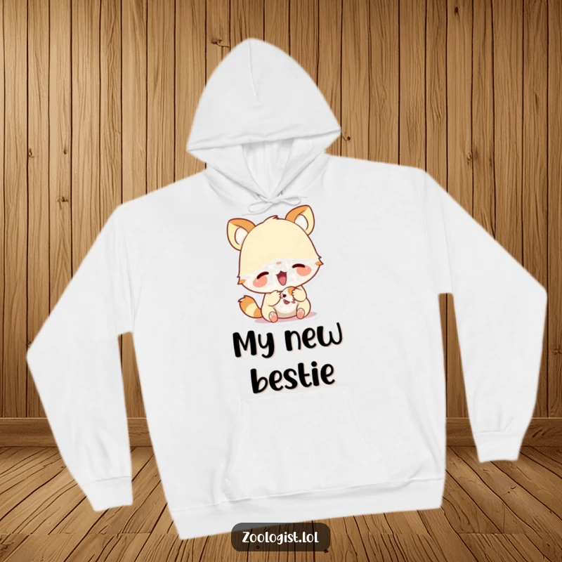 Funny hoodie illustrating a cute animal character with wide, excited eyes examining a miniature creature, exuding wonder and warmth.