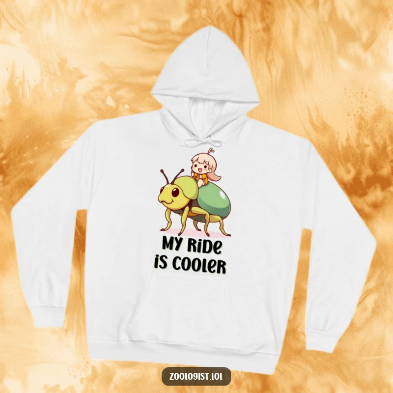 Funny Beetle Rider Hoodie: Character joyfully perched atop a giant, friendly beetle, symbolizing a fun and unique journey.
