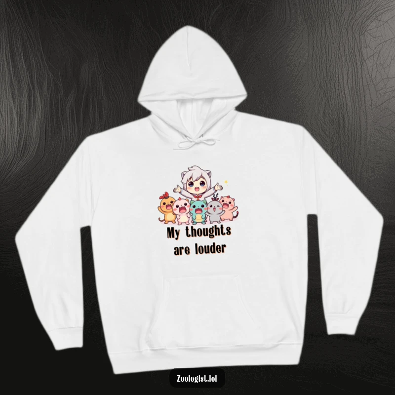 Funny hoodie depicting a character enthusiastically leading a boisterous assembly of fantastical, imaginary beings in a joyous celebration.