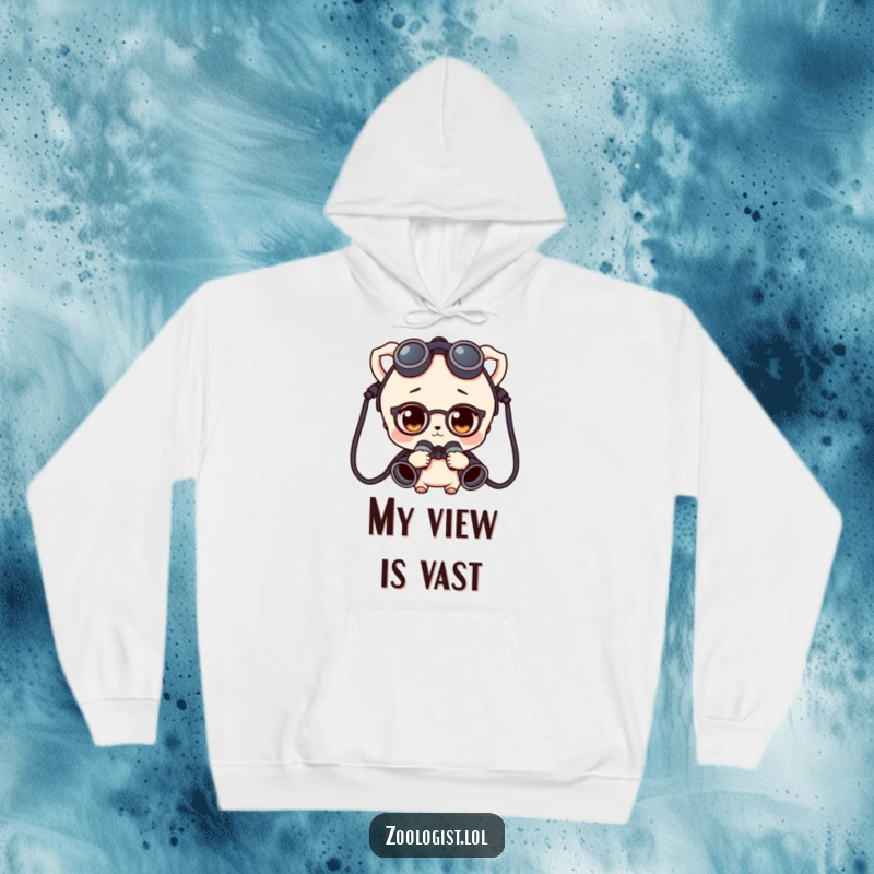 Funny character wearing binoculars around their neck, with a curious gaze, featured on a soft and warm hoodie.