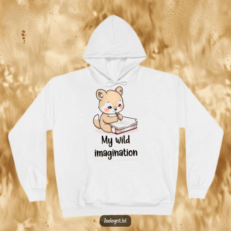 Funny hoodie showcasing a cute animal character deeply concentrated while sketching another animal in a notebook, embodying artistic focus and dedication.