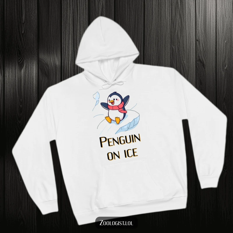 Funny cheerful penguin zoologist sliding down an icy slope on a warm hoodie, a perfect cozy and humorous apparel gift.