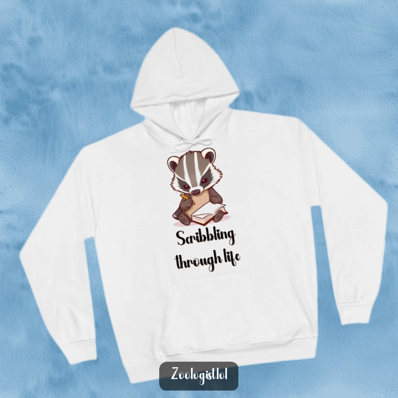 Funny curious badger zoologist scribbling notes rapidly in a tiny book, cozy hoodie, nature research, perfect funny gift.