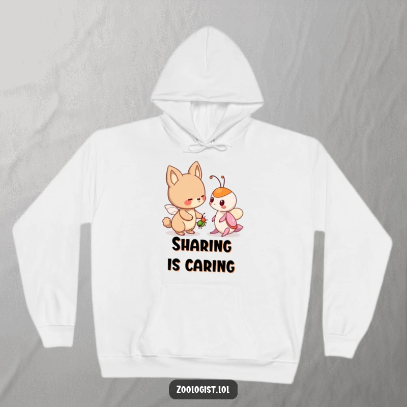 Funny hoodie featuring a cute animal character offering a friendly bug to another creature, providing comfort and friendship humor.