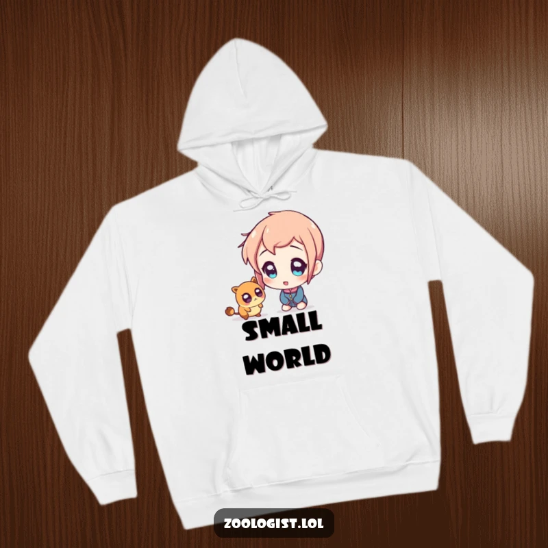 Funny hoodie depicting a character with incredibly wide, amazed eyes, captivated by a minuscule creature, radiating pure astonishment.