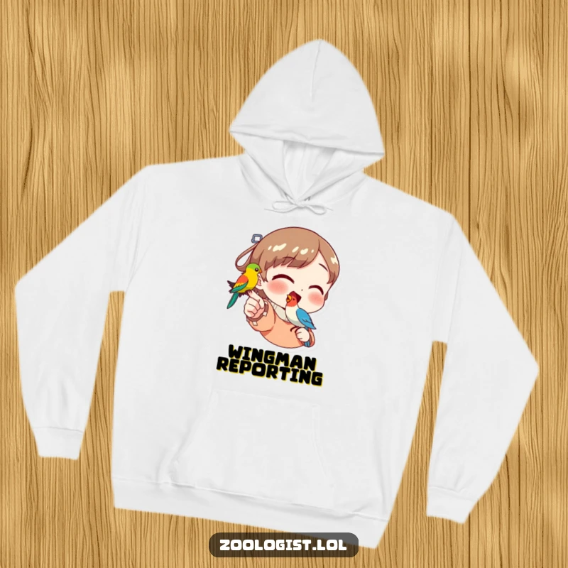 Funny hoodie depicting a character pointing with great excitement at a vividly colored bird sitting on their finger, full of glee.