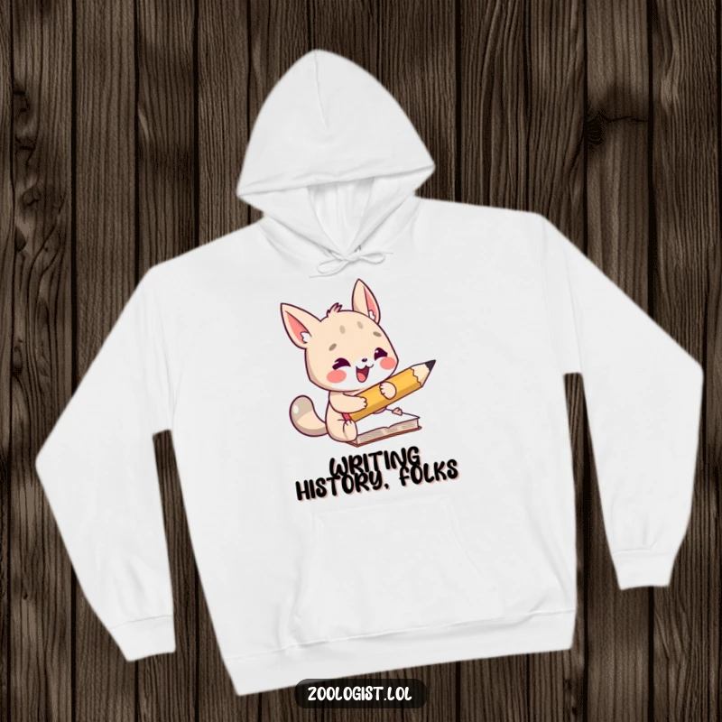 Funny hoodie showing a focused animal character taking notes with an extremely large pencil, offering warmth and humorous academic vibes.