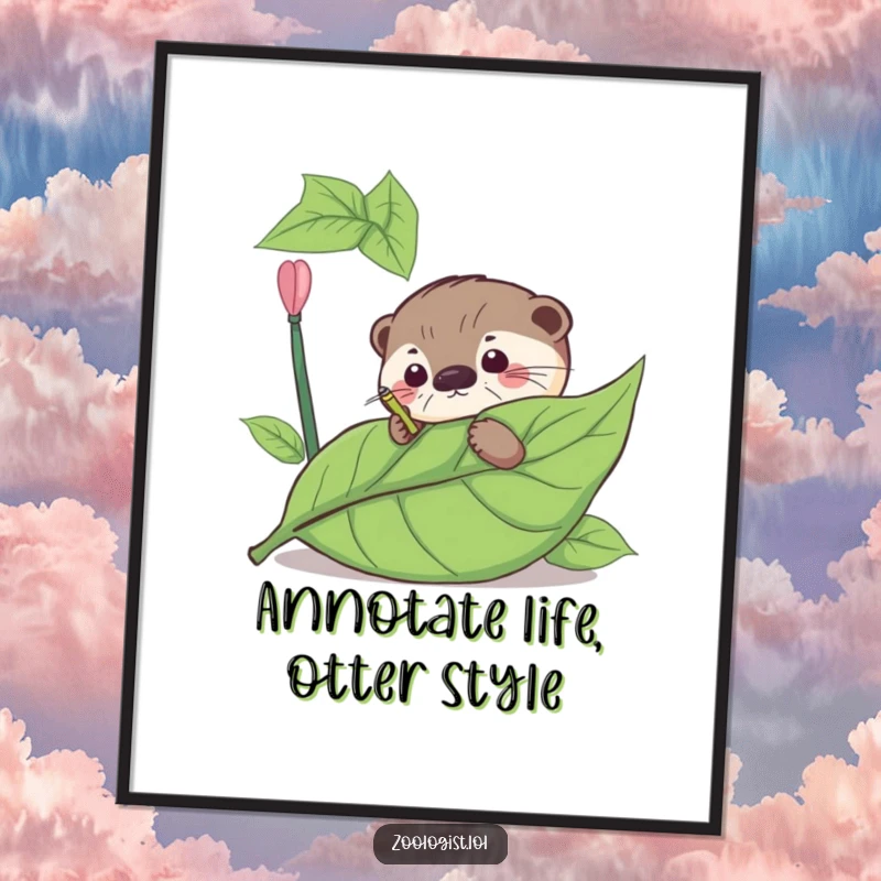 Funny Free Printable Wall Art: Curious otter meticulously annotating a giant leaf, studying nature's details.