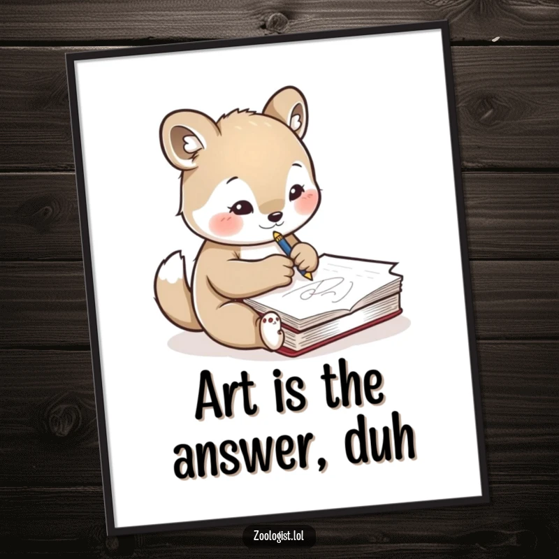Funny Free Printable Wall Art featuring a cute animal character sketching an animal in a notebook with concentration, celebrating creativity.