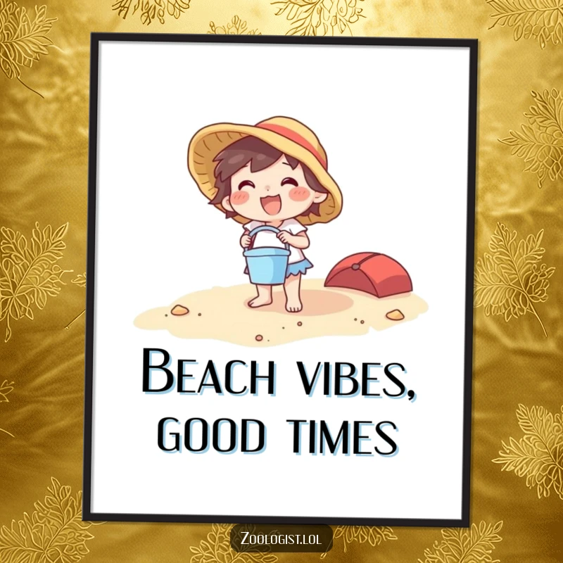 Funny Free Printable Wall Art: A joyful character holding a tiny bucket and spade on a large beach, radiating happiness.