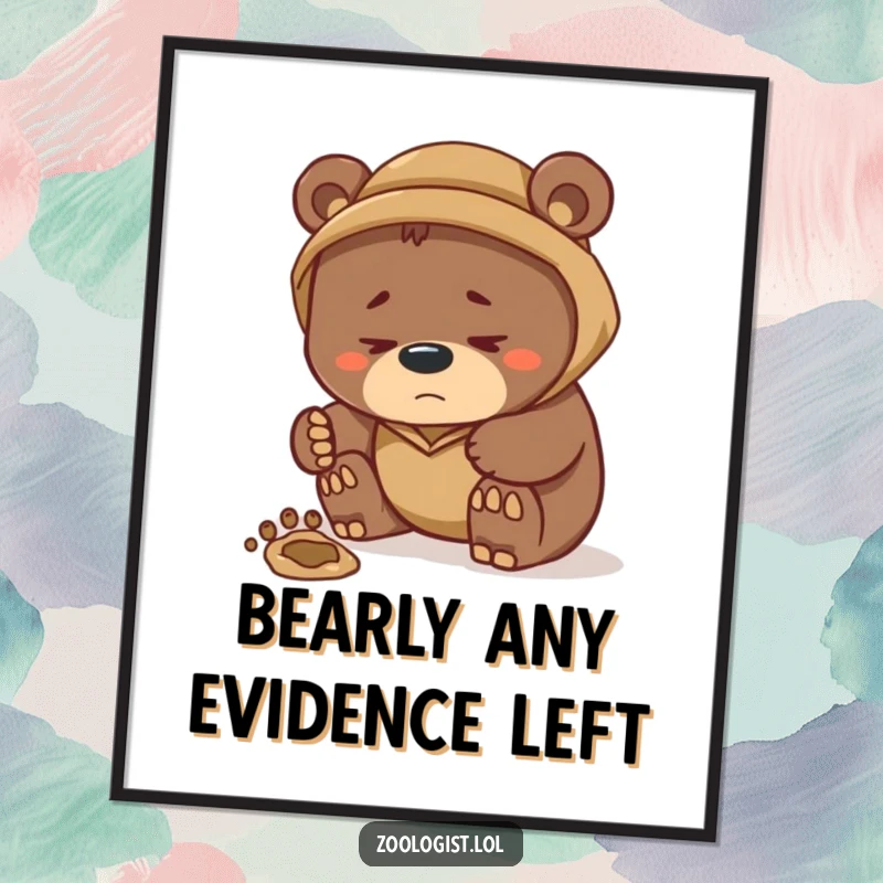 Funny Free Printable Wall Art: A close-up of a bear zoologist's paw examining a large, mysterious footprint with a comical, serious expression.