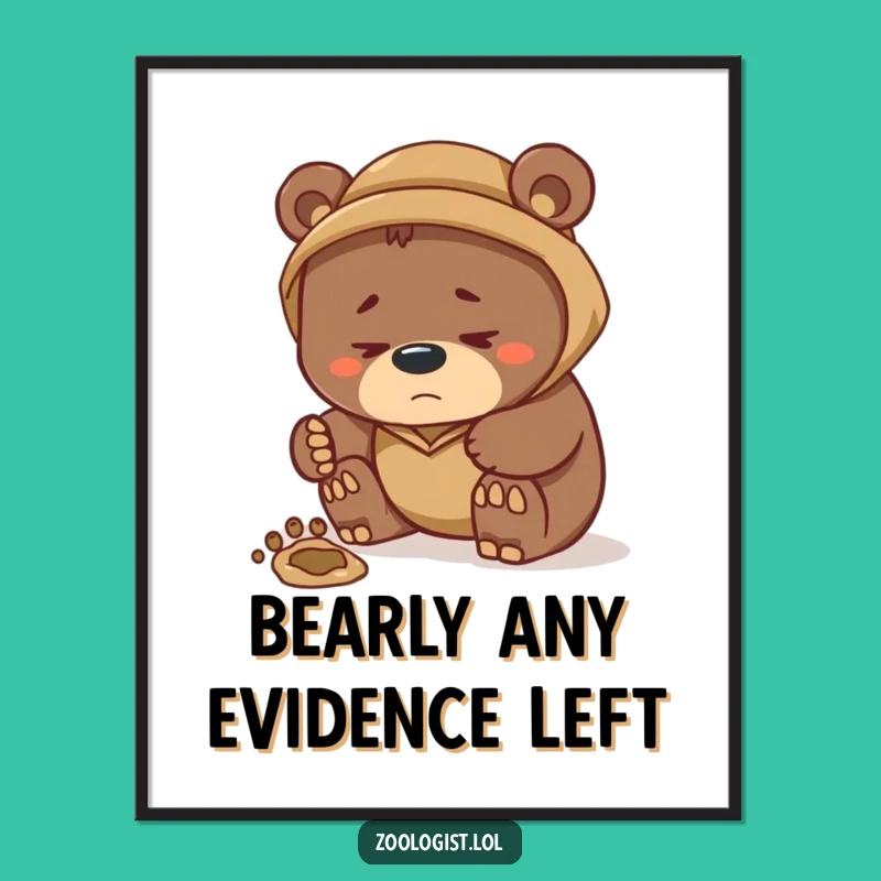 Free Printable Wall Art: Funny Bear Zoologist Examining Footprint - Humorous Decor