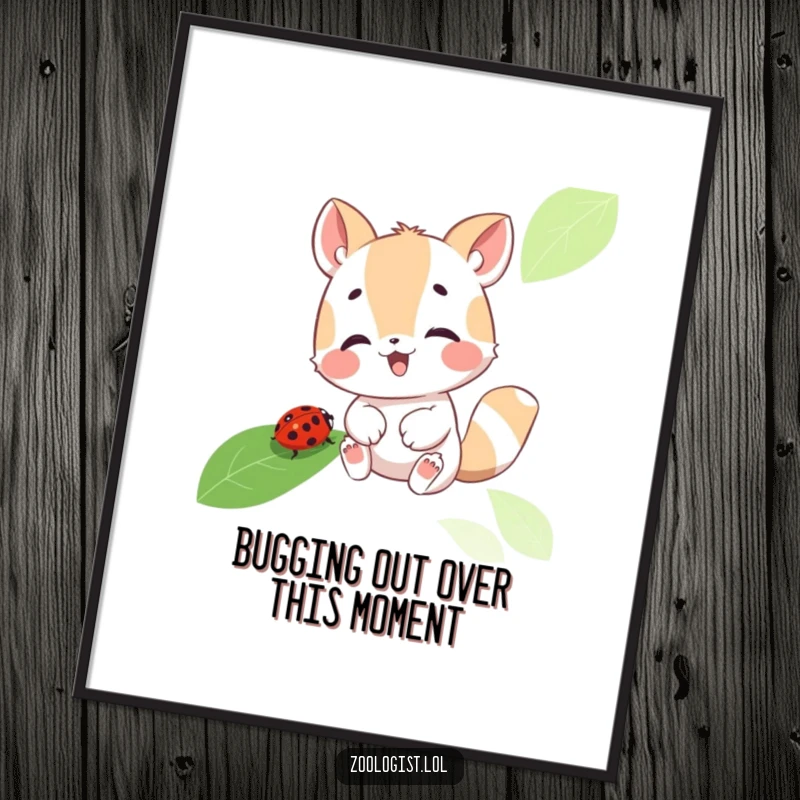Funny Free Printable Wall Art featuring a cute animal character gleefully examining a ladybug on a leaf, adding charm to any decor.