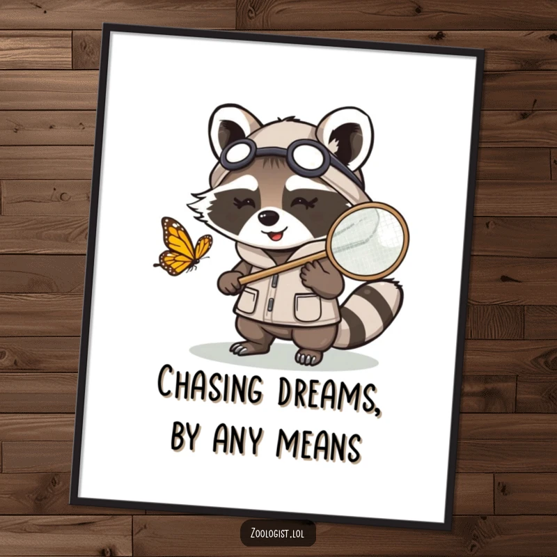 Funny free printable Kawaii raccoon zoologist stealthily stalking a butterfly with a net, embodying playful curiosity.