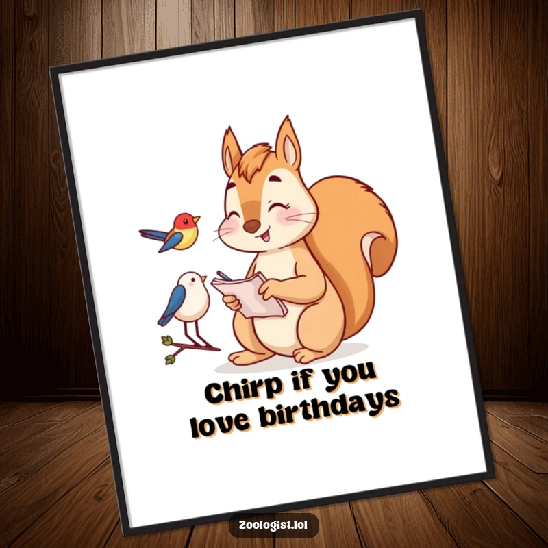 Funny free printable wall art: A happy squirrel intently taking notes while watching a bird, adding a humorous, studious vibe.