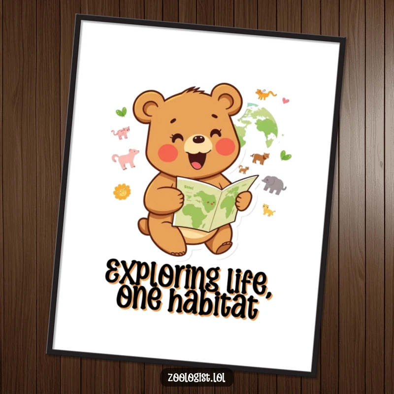 Funny Free Printable Wall Art: Joyful bear enthusiastically studying a map of animal habitats, whimsical adventure-themed decor.