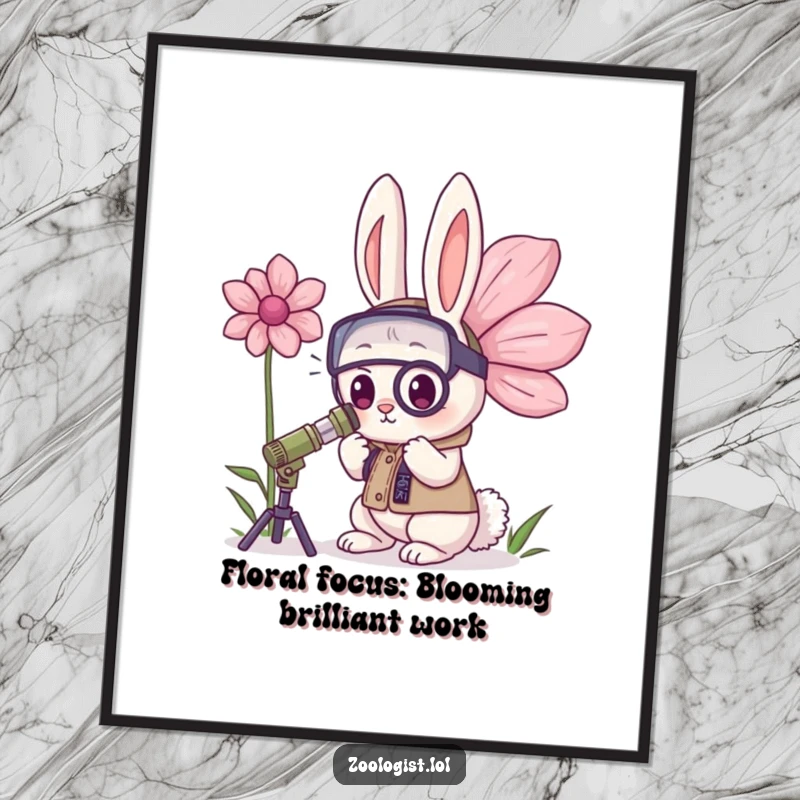 Funny Free Printable Wall Art of a focused Kawaii rabbit zoologist deep in study of an enormous, vibrant flower, adding humor to decor.