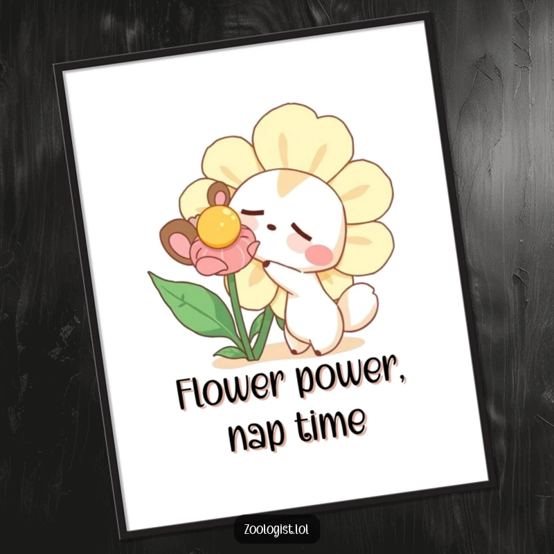 Funny Free Printable Wall Art: Curious animal peeking at a huge, sleepy flower, creating whimsical decor.