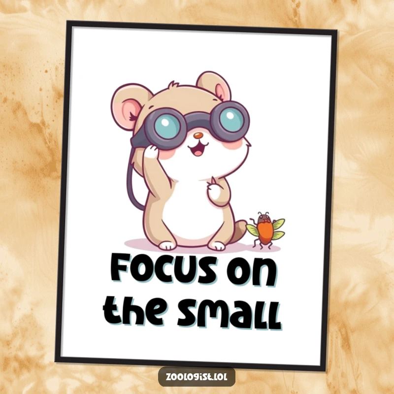 Funny Free Printable Wall Art: Small animal cheerfully using binoculars to closely examine a tiny bug.